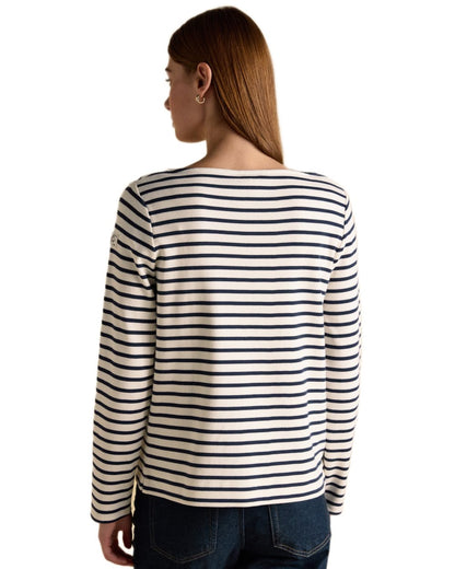 Cream Navy coloured Joules Womens Harbour Long Sleeve Striped Boat Neck Breton Top on white background 