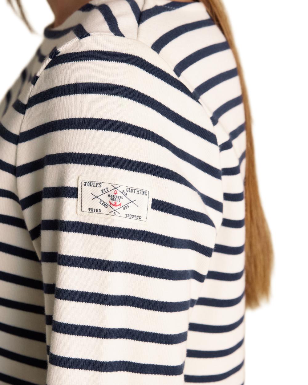 Cream Navy coloured Joules Womens Harbour Long Sleeve Striped Boat Neck Breton Top on white background 