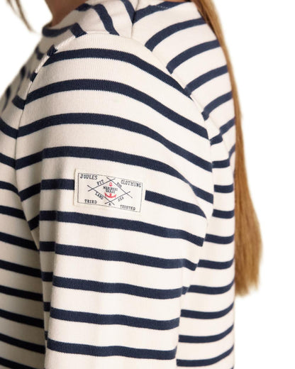 Cream Navy coloured Joules Womens Harbour Long Sleeve Striped Boat Neck Breton Top on white background 