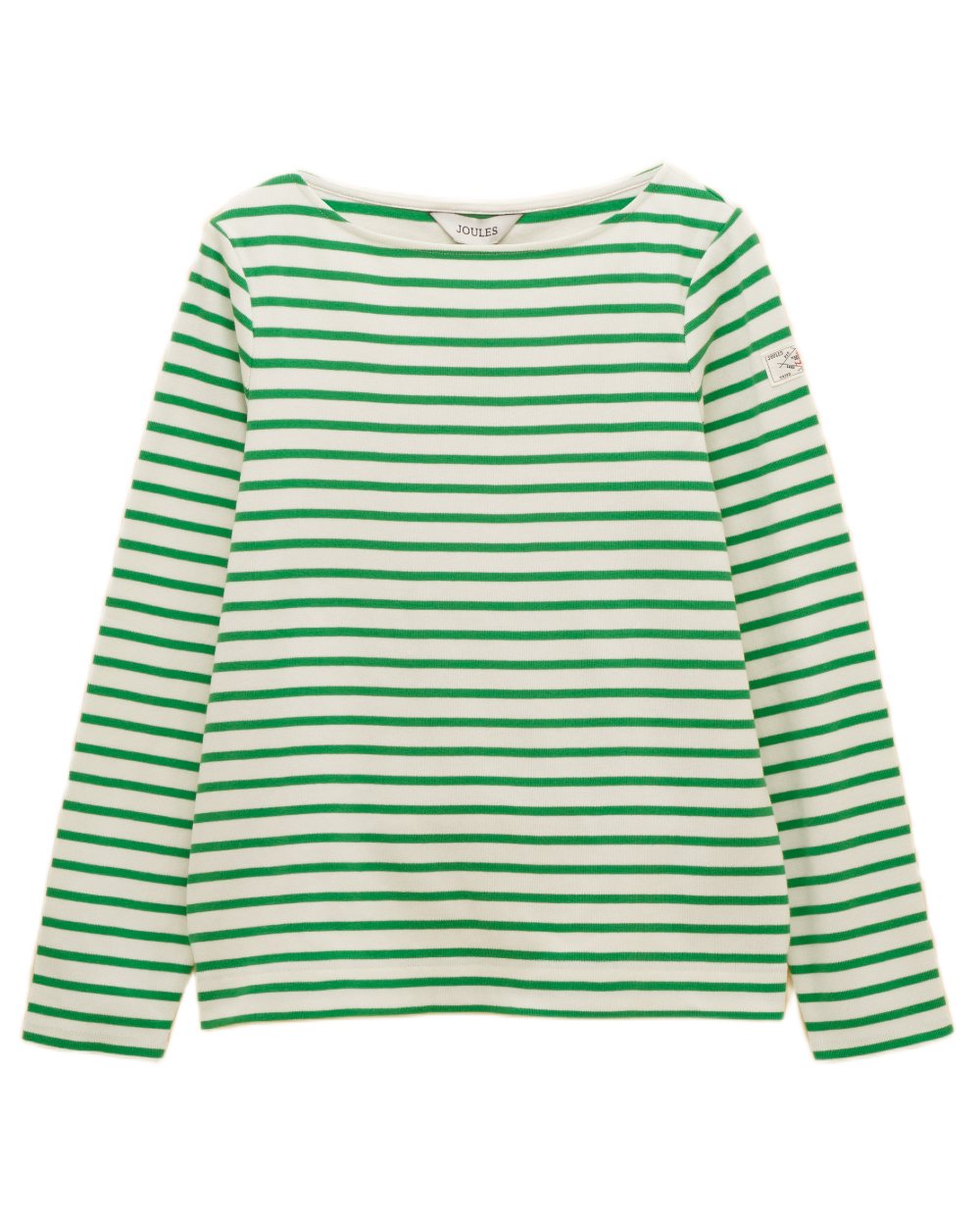 Green Stripe coloured Joules Womens Harbour Long Sleeve Striped Boat Neck Breton Top on white background 