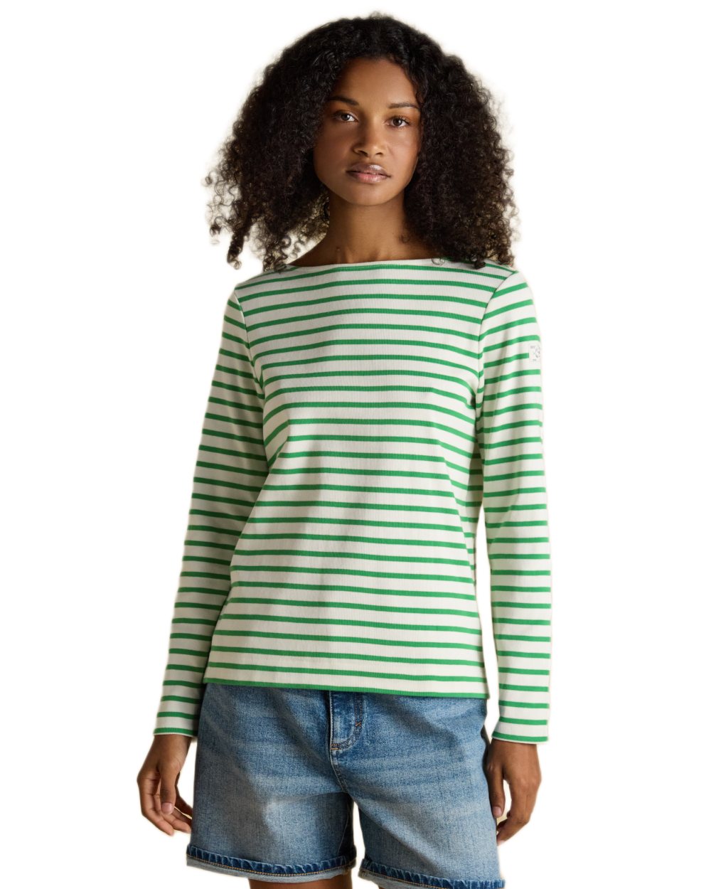 Green Stripe coloured Joules Womens Harbour Long Sleeve Striped Boat Neck Breton Top on white background 