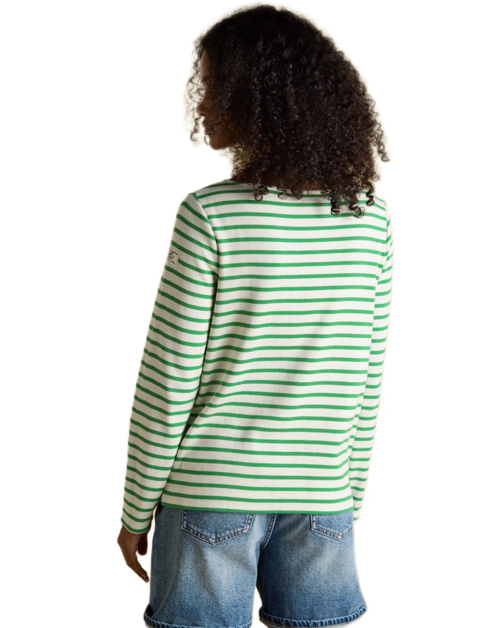 Green Stripe coloured Joules Womens Harbour Long Sleeve Striped Boat Neck Breton Top on white background 