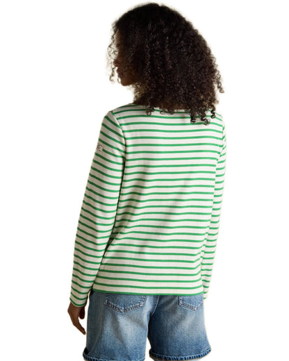 Green Stripe coloured Joules Womens Harbour Long Sleeve Striped Boat Neck Breton Top on white background 