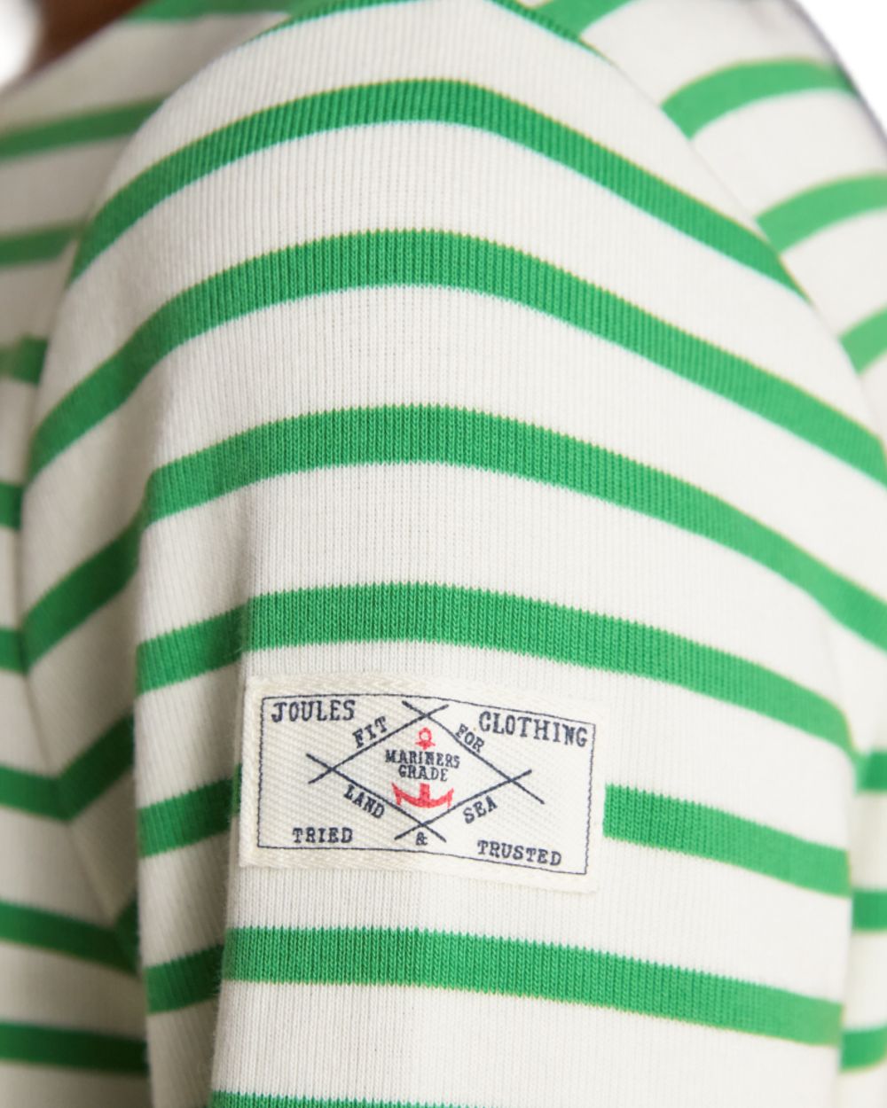Green Stripe coloured Joules Womens Harbour Long Sleeve Striped Boat Neck Breton Top on white background 