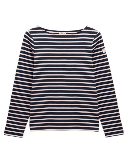 Navy White coloured Joules Womens Harbour Long Sleeve Striped Boat Neck Breton Top on white background 