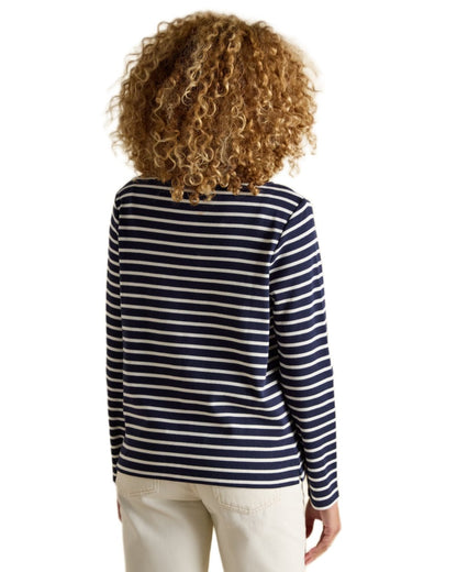Navy White coloured Joules Womens Harbour Long Sleeve Striped Boat Neck Breton Top on white background 