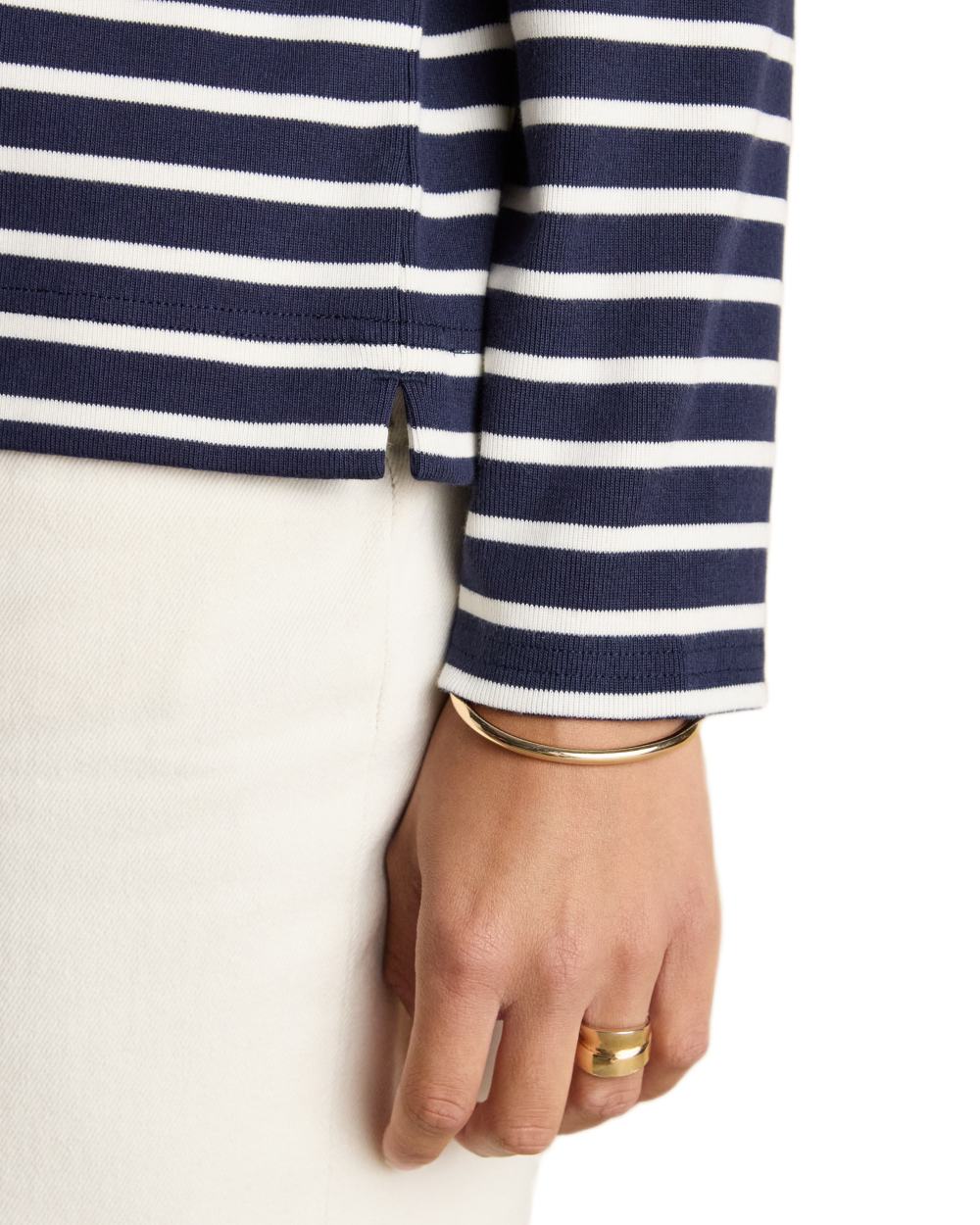 Navy White coloured Joules Womens Harbour Long Sleeve Striped Boat Neck Breton Top on white background 