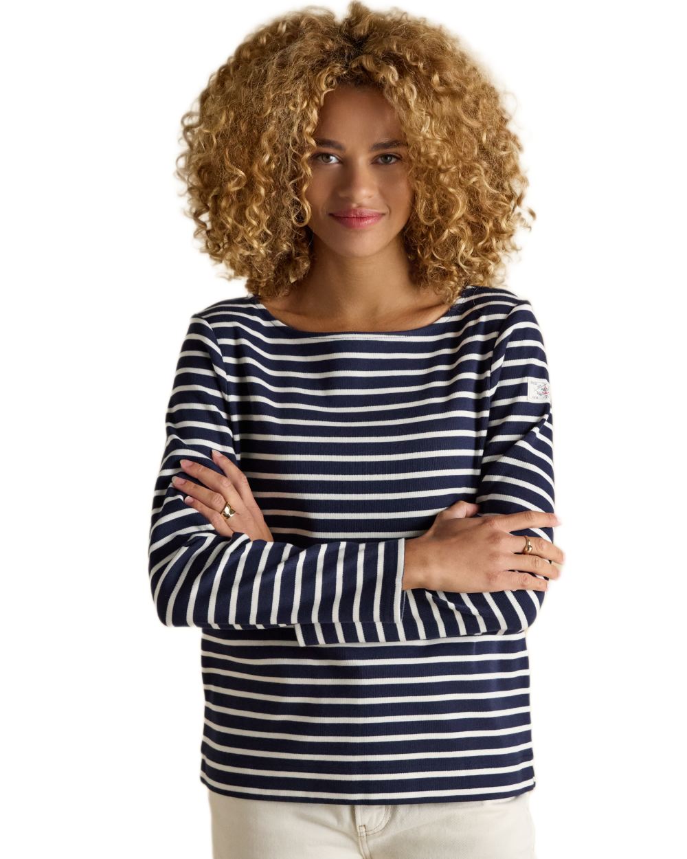 Navy White coloured Joules Womens Harbour Long Sleeve Striped Boat Neck Breton Top on white background 