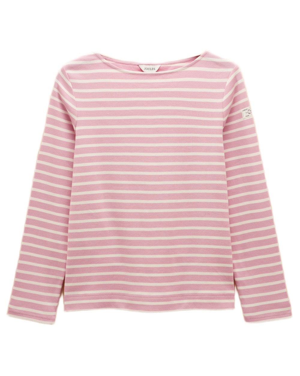 Pink Stripe coloured Joules Womens Harbour Long Sleeve Striped Boat Neck Breton Top on white background 