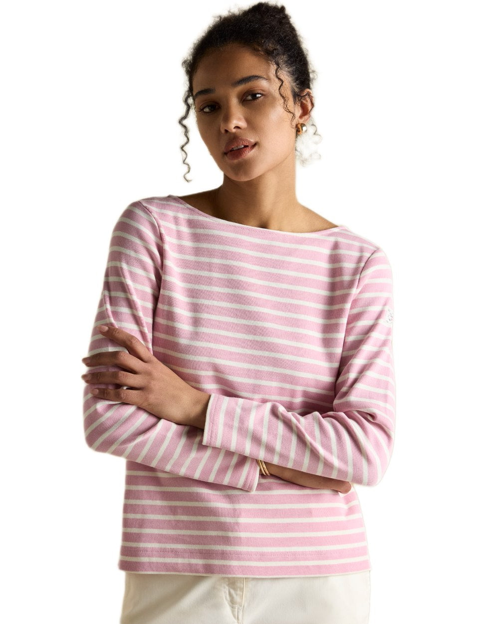 Pink Stripe coloured Joules Womens Harbour Long Sleeve Striped Boat Neck Breton Top on white background 