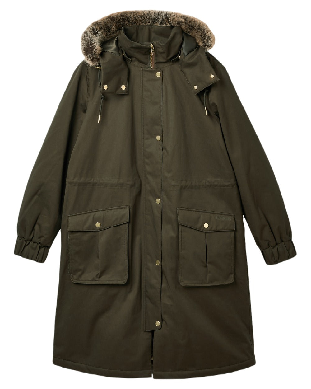 Khaki Green Coloured Joules Womens Harpsden Cosy Waterproof Fleece Lined Raincoat With Faux Fur Hood on white background 