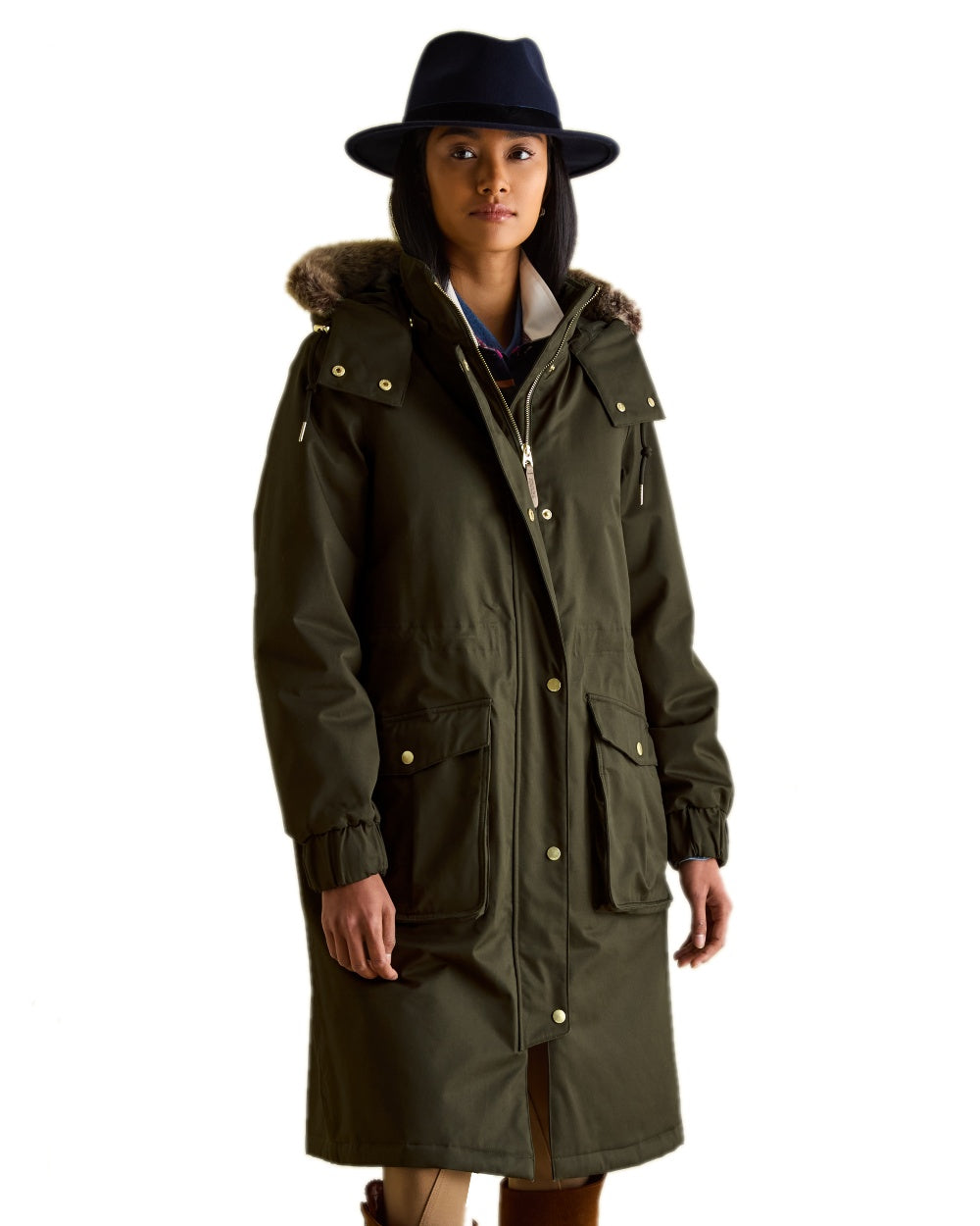 Khaki Green Coloured Joules Womens Harpsden Cosy Waterproof Fleece Lined Raincoat With Faux Fur Hood on white background 