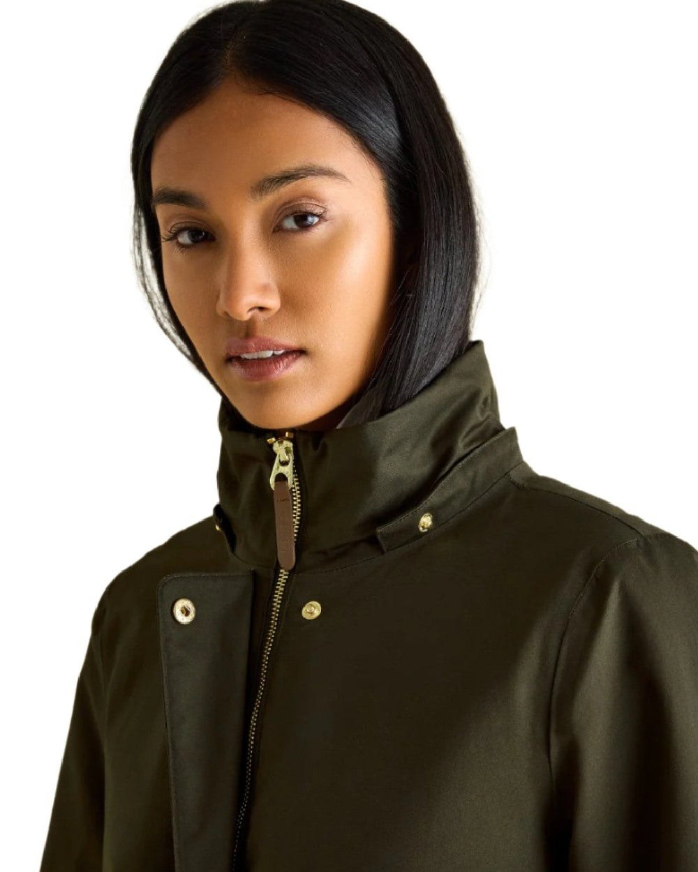 Khaki Green Coloured Joules Womens Harpsden Cosy Waterproof Fleece Lined Raincoat With Faux Fur Hood on white background 