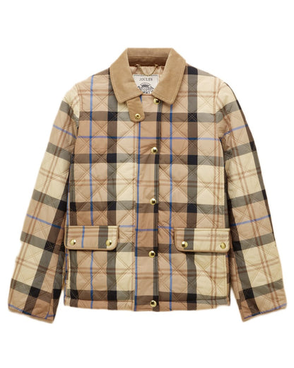 Brown check coloured Joules Womens Harrogate Showerproof Diamond Quilted Barn Jacket on white background 