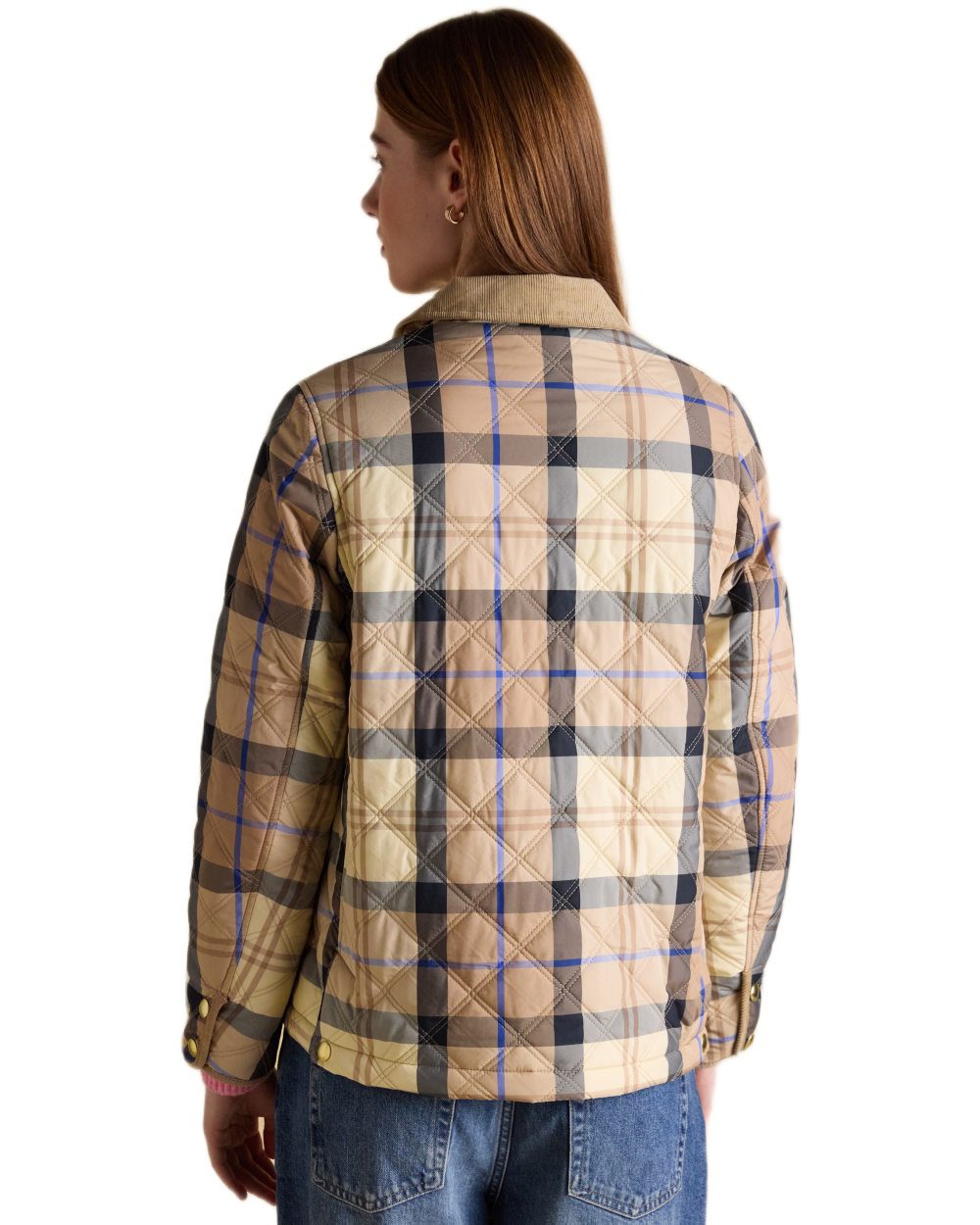 Brown check coloured Joules Womens Harrogate Showerproof Diamond Quilted Barn Jacket on white background 