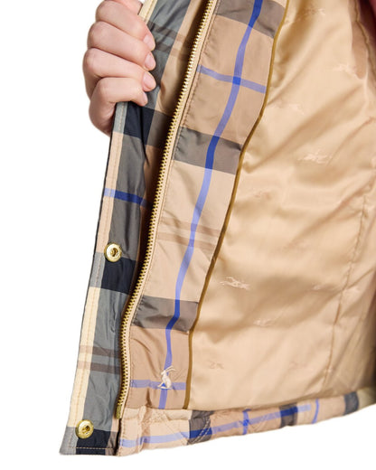 Brown check coloured Joules Womens Harrogate Showerproof Diamond Quilted Barn Jacket on white background 