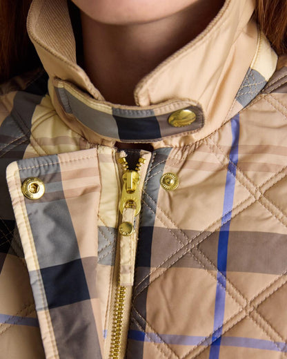 Brown check coloured Joules Womens Harrogate Showerproof Diamond Quilted Barn Jacket on white background 