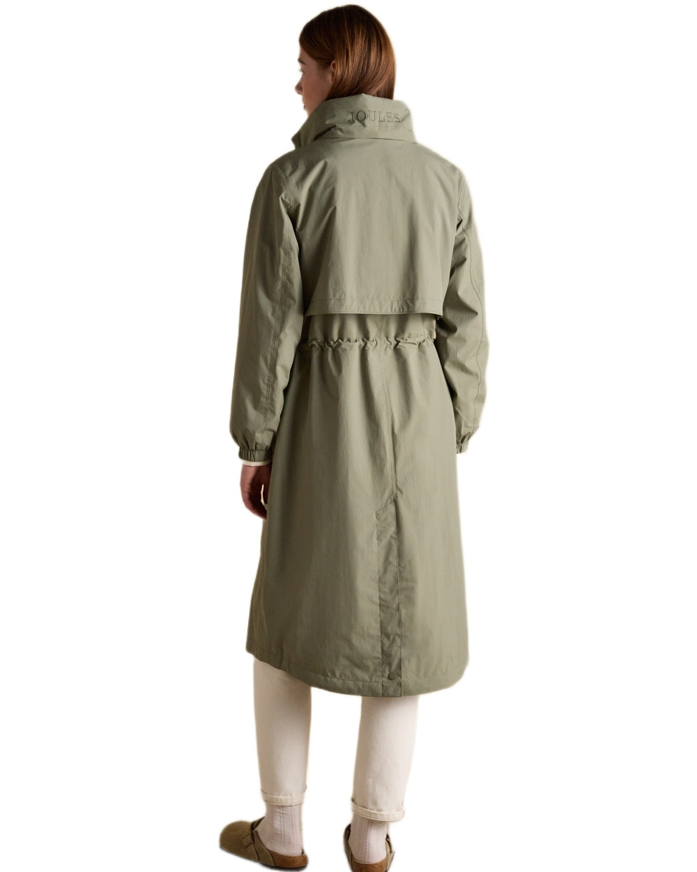 Khaki Green coloured Joules Womens Hensley Waterproof Longline Coat with Packable Hood on white background 