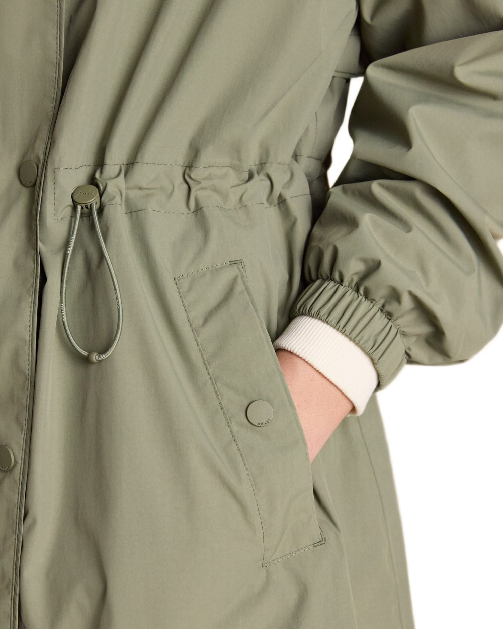 Khaki Green coloured Joules Womens Hensley Waterproof Longline Coat with Packable Hood on white background 