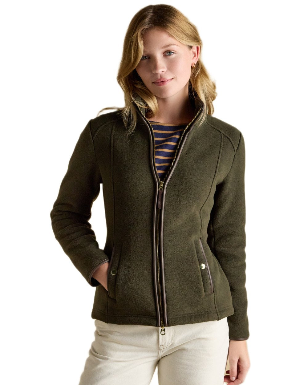 Green Coloured Joules Womens Heritage Full Zip Through Fleece on white background 