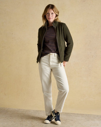 Green Coloured Joules Womens Heritage Full Zip Through Fleece on wall background 