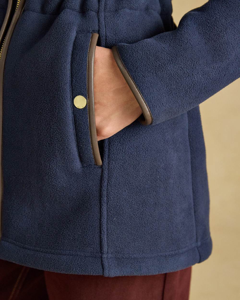 Navy Coloured Joules Womens Heritage Longline Jacket on Cream Background 