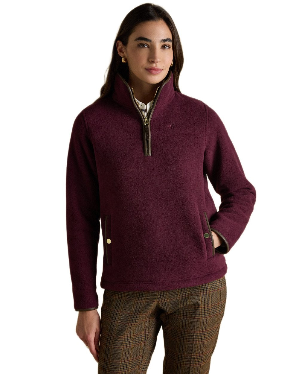 Wine Red Coloured Joules Womens Heritage Quarter Zip Fleece on white background 