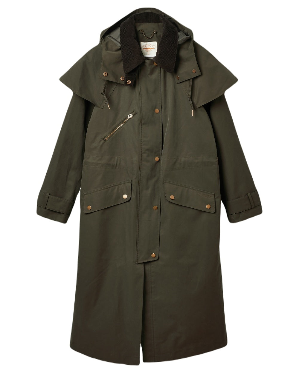 Khaki Green Coloured Joules Womens Highbridge Waterproof Longline Coat With Hood on white background 