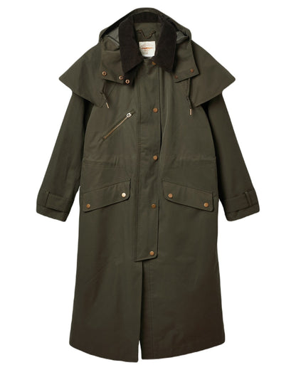 Khaki Green Coloured Joules Womens Highbridge Waterproof Longline Coat With Hood on white background 