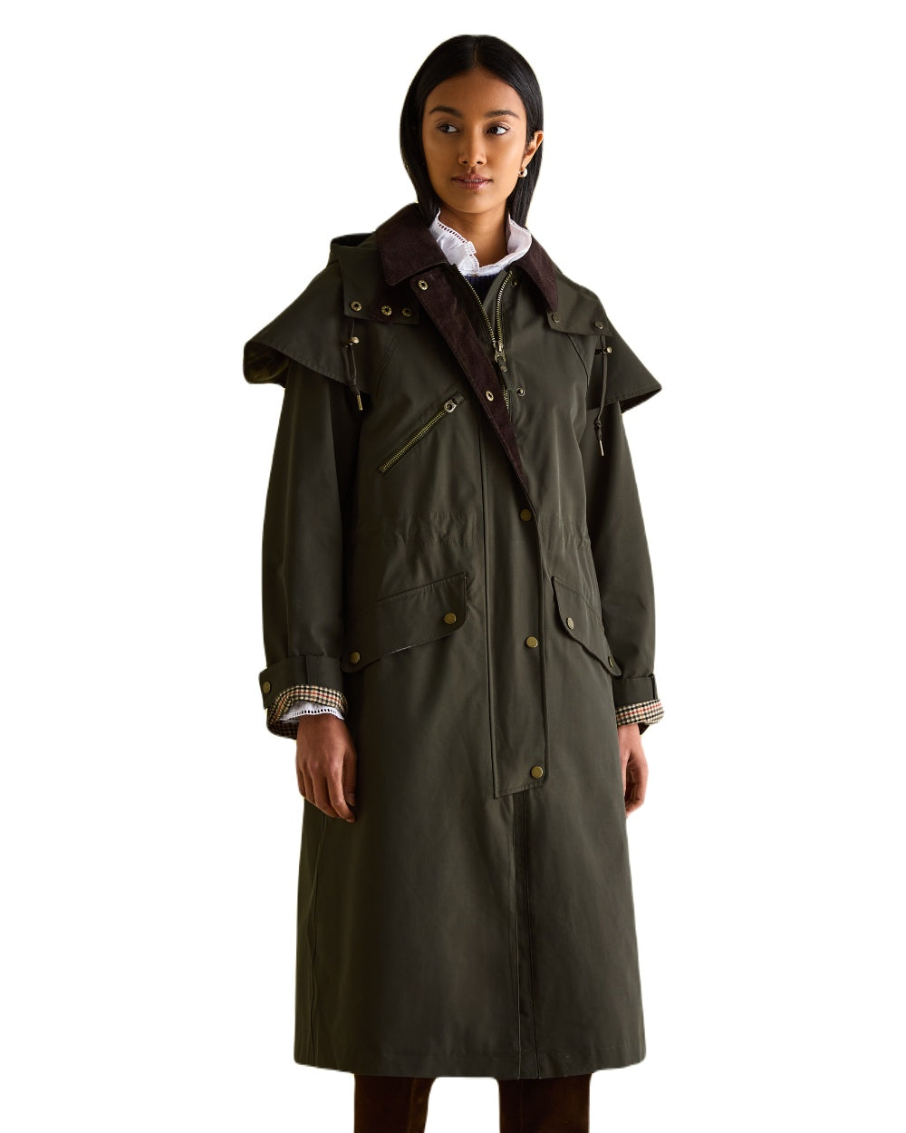 Khaki Green Coloured Joules Womens Highbridge Waterproof Longline Coat With Hood on white background 