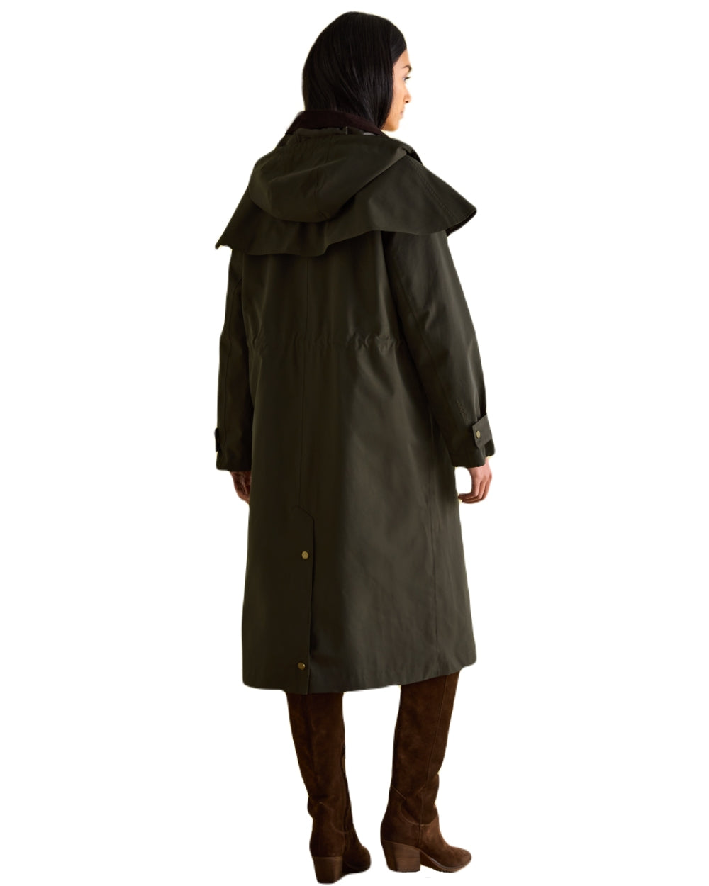 Khaki Green Coloured Joules Womens Highbridge Waterproof Longline Coat With Hood on white background 