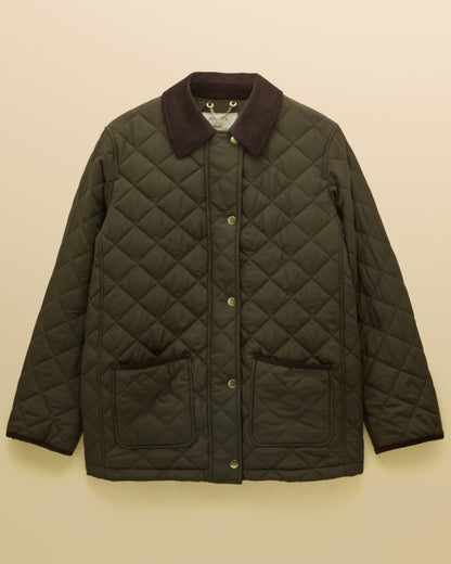Khaki Green coloured Joules Womens Highgrove Diamond Quilted Jacket on beige background 
