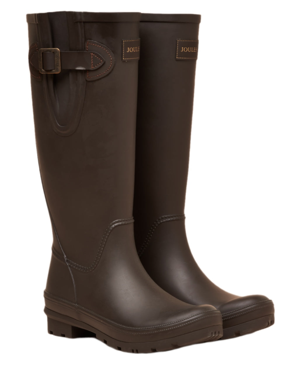 Chocolate Brown Coloured Joules Womens Houghton Adjustable Tall Wellies on white background 