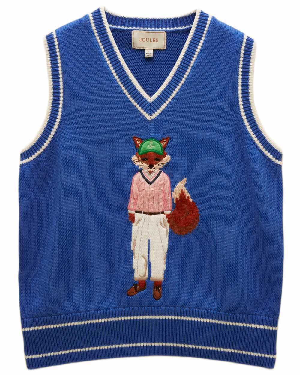 Blue coloured Joules Womens Jonty Fox Intarsia Knitted Cotton Vest on white background 