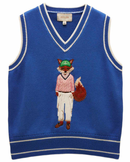 Blue coloured Joules Womens Jonty Fox Intarsia Knitted Cotton Vest on white background 