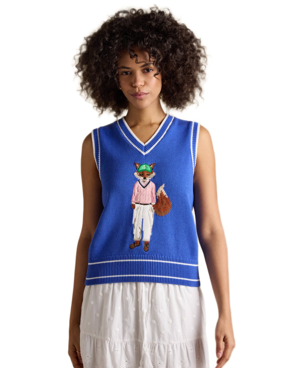 Blue coloured Joules Womens Jonty Fox Intarsia Knitted Cotton Vest on white background 