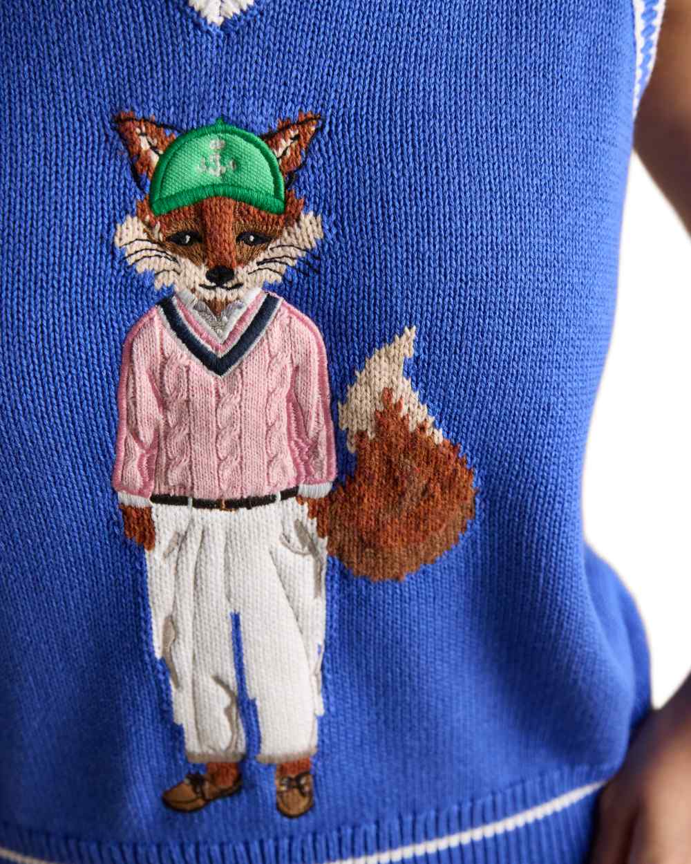 Blue coloured Joules Womens Jonty Fox Intarsia Knitted Cotton Vest on white background 