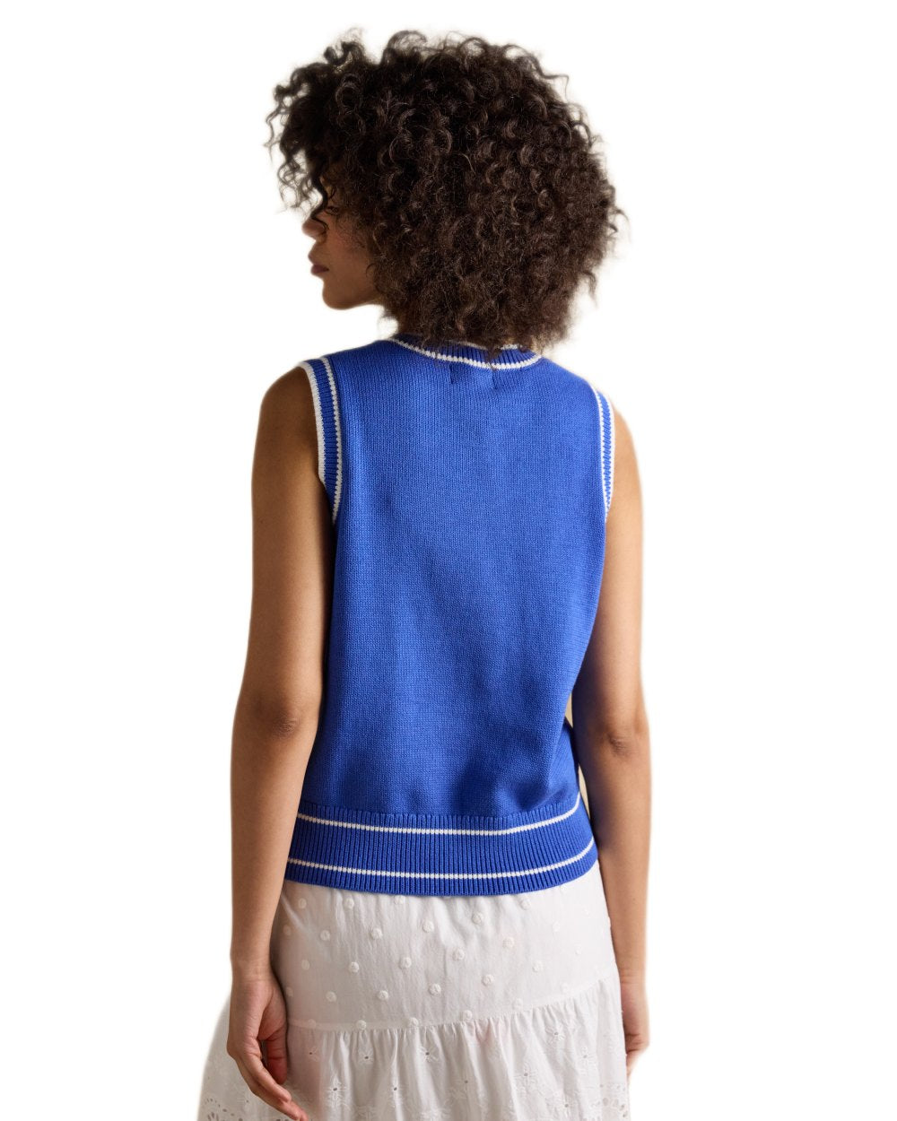 Blue coloured Joules Womens Jonty Fox Intarsia Knitted Cotton Vest on white background 