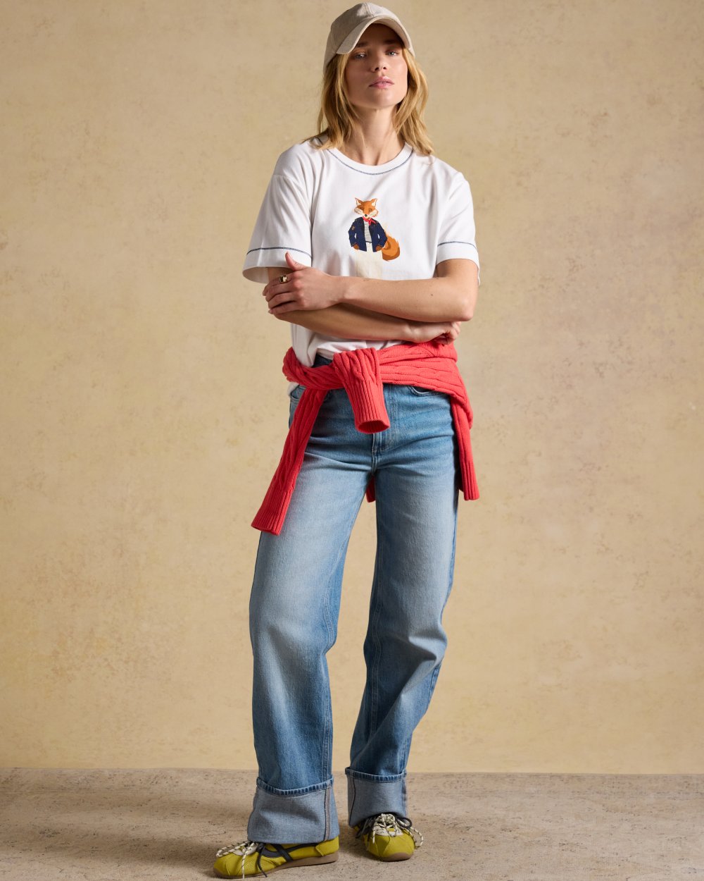 White coloured Joules Womens Jonty Graphic T-Shirt on wall background 