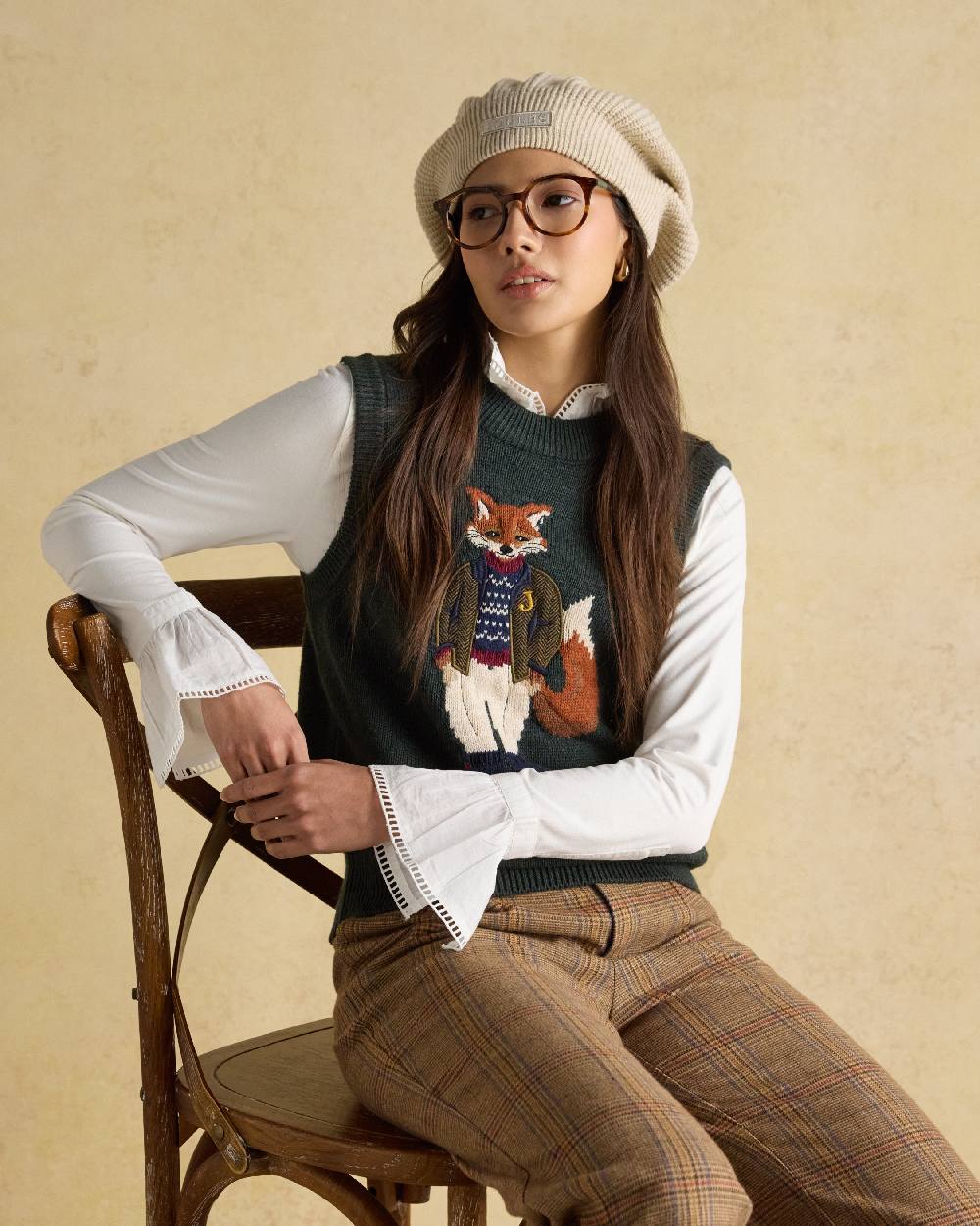 Green Coloured Joules Womens Jonty Intarsia Cotton Rich Knitted Vest on indoor background 