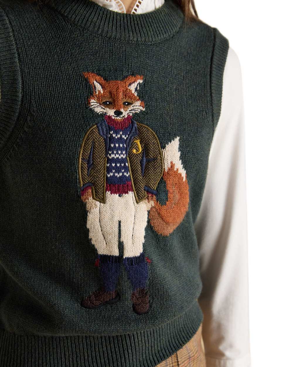 Green Coloured Joules Womens Jonty Intarsia Cotton Rich Knitted Vest on white background 