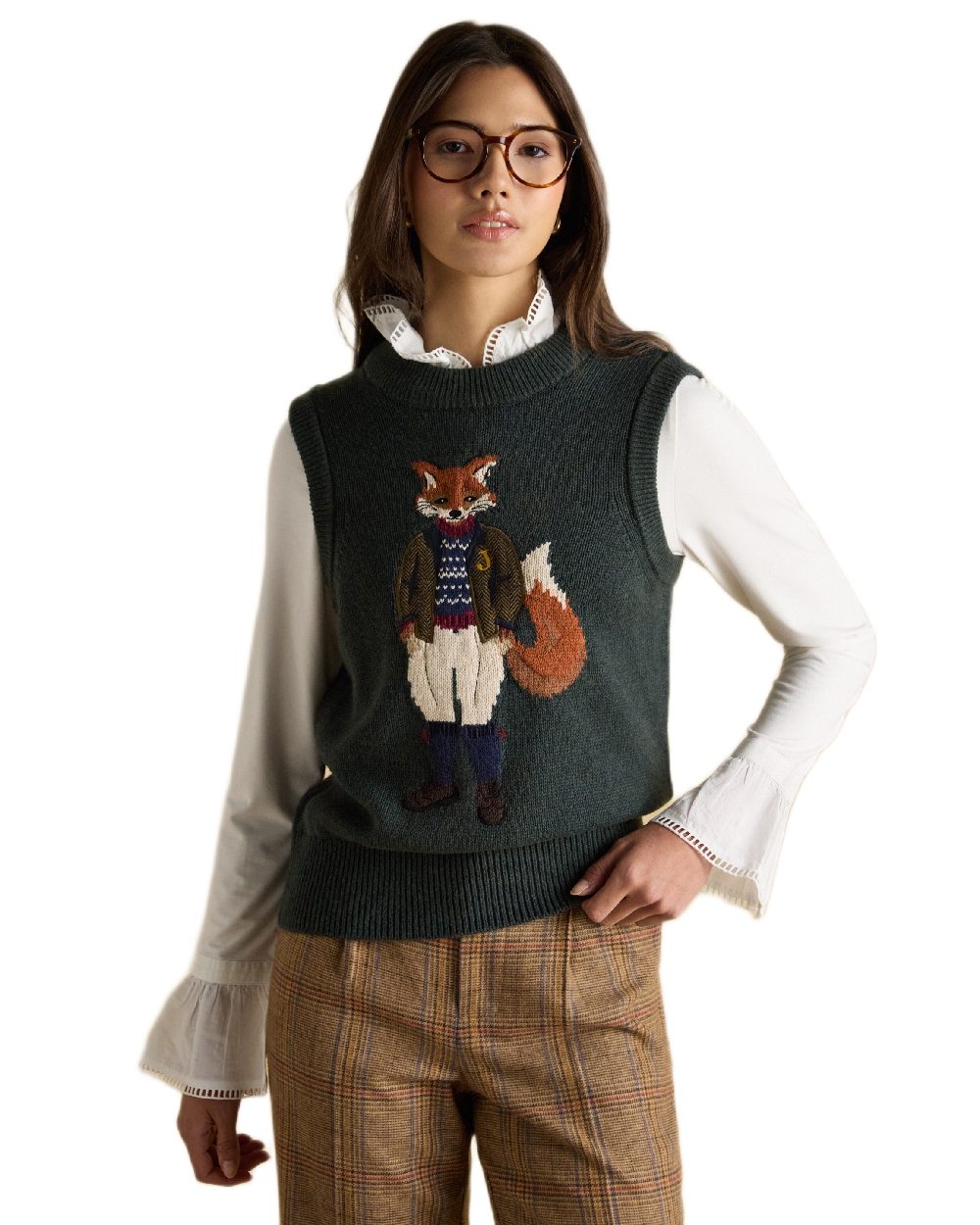 Green Coloured Joules Womens Jonty Intarsia Cotton Rich Knitted Vest on white background 