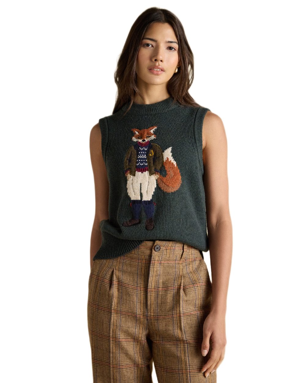 Green Coloured Joules Womens Jonty Intarsia Cotton Rich Knitted Vest on white background 