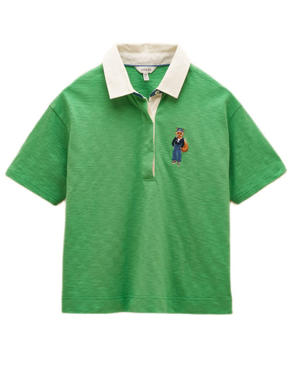 Green coloured Joules Womens Jonty Short Sleeve Cotton Rugby Shirt on white background 