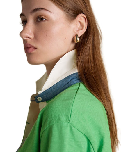 Green coloured Joules Womens Jonty Short Sleeve Cotton Rugby Shirt on white background 