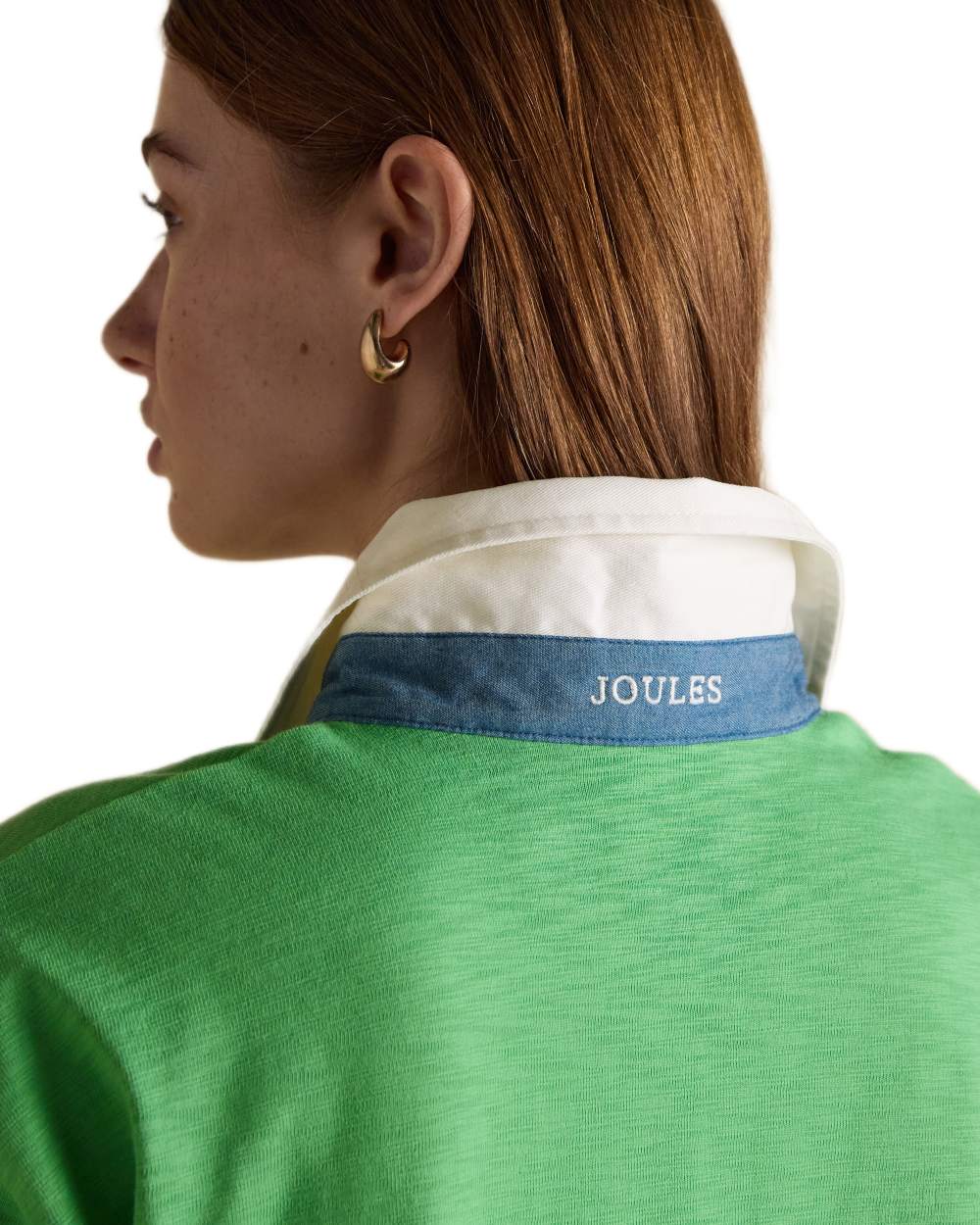 Green coloured Joules Womens Jonty Short Sleeve Cotton Rugby Shirt on white background 