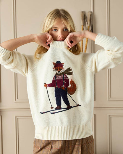 Oatmeal Coloured Joules Womens Jonty Ski Jumpers on indoor background 