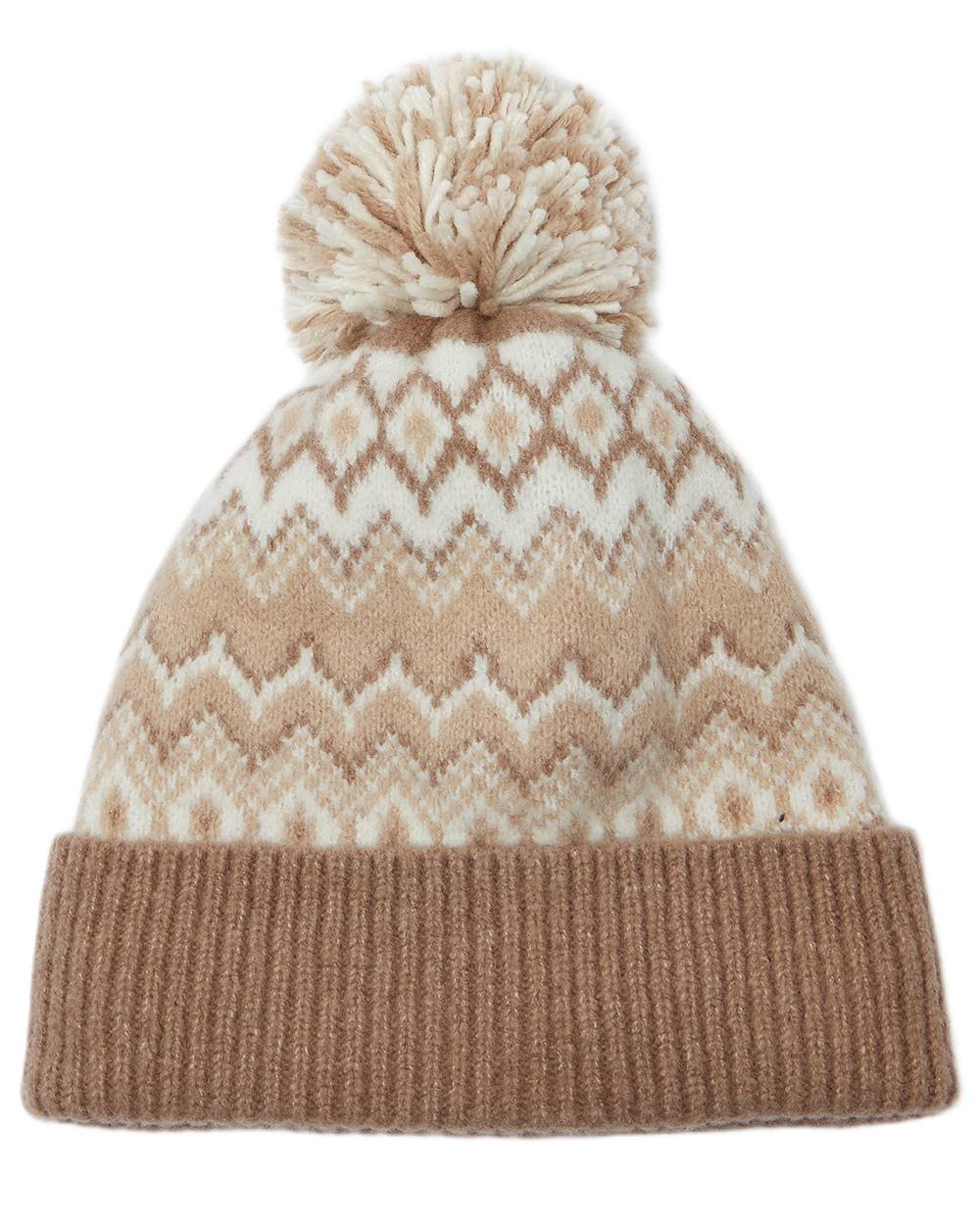 Neutral Coloured Joules Womens Kara Fairisle Bobble Hat on white background 