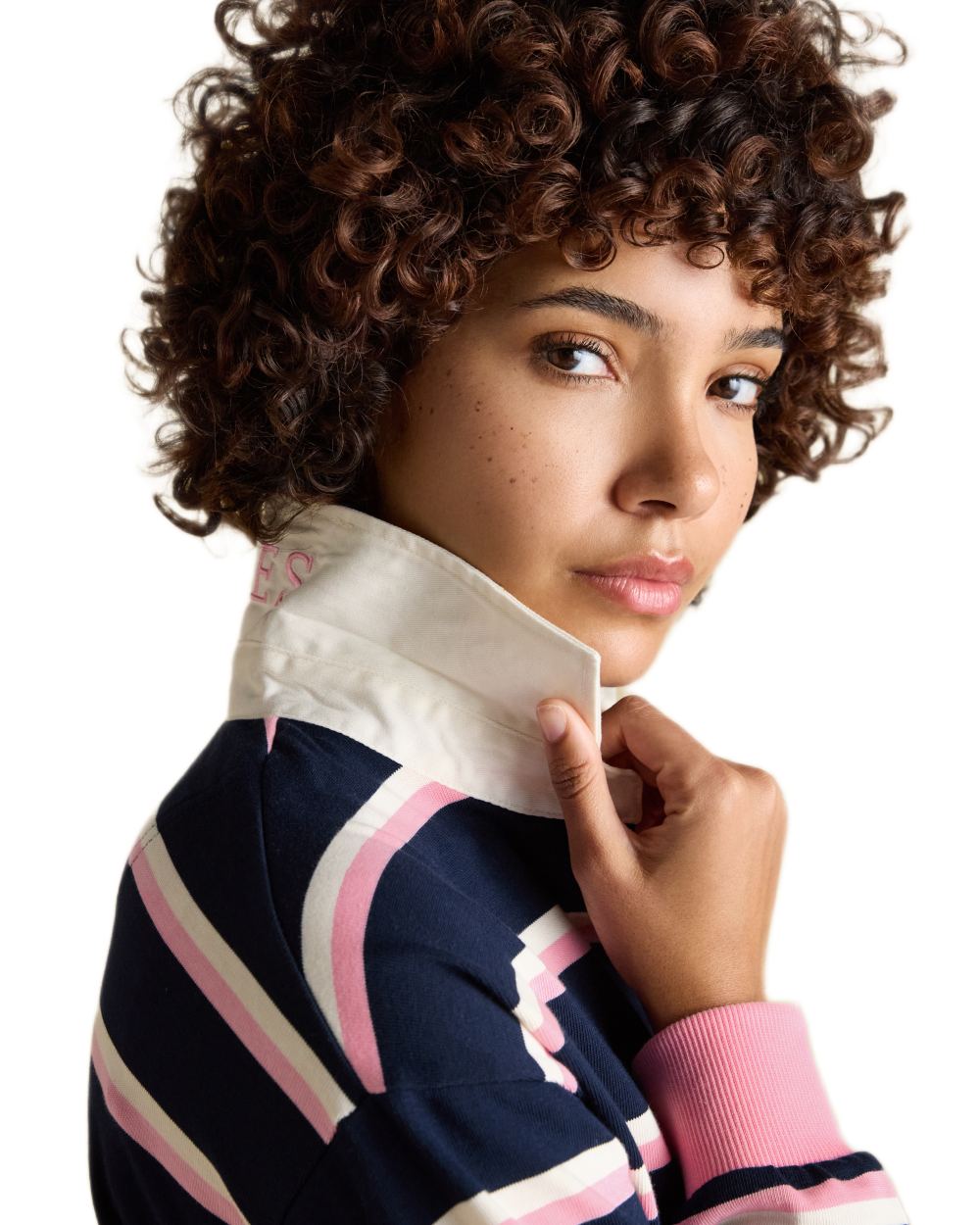 Navy Pink coloured Joules Womens Lara Long Sleeve Top on white background 
