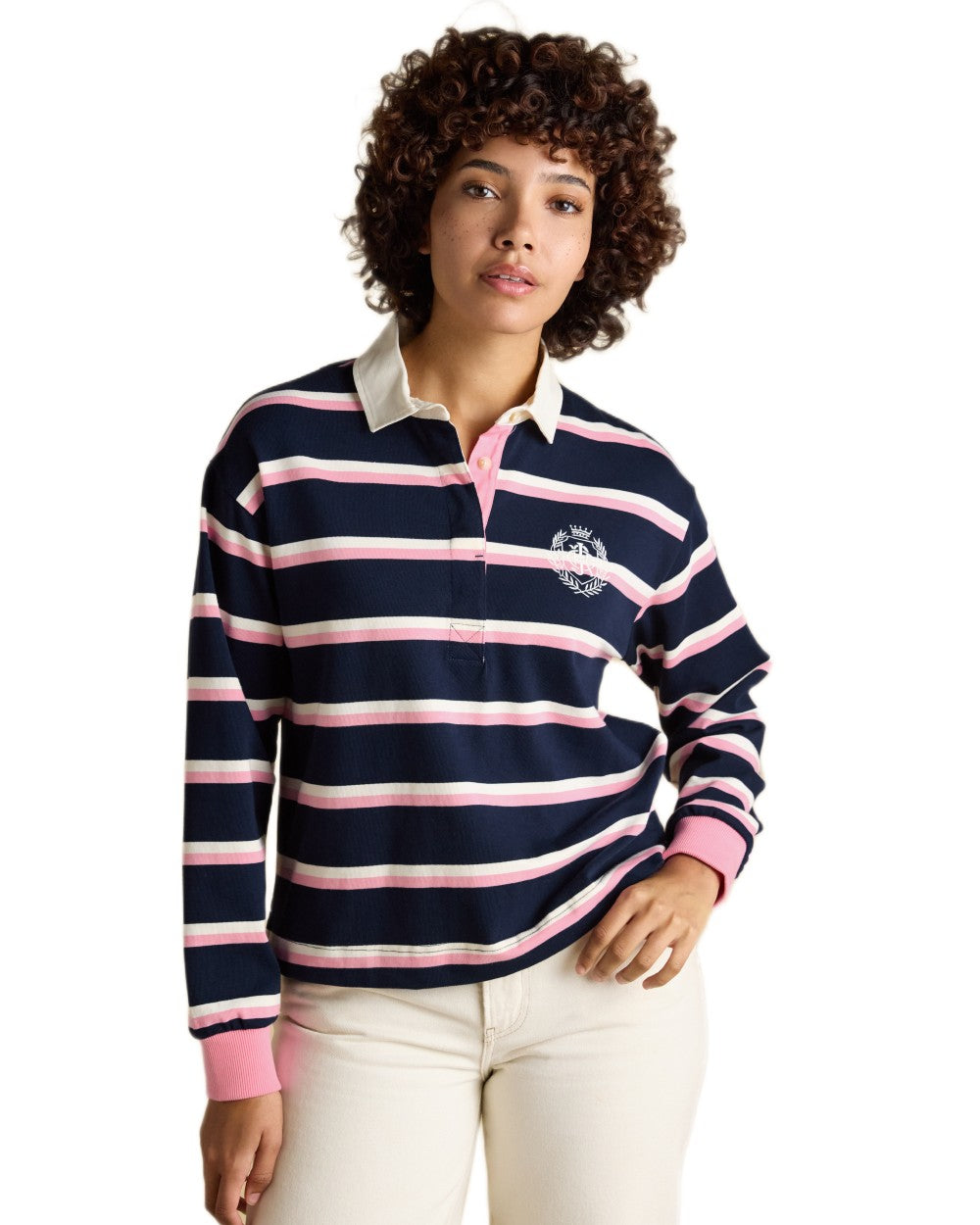 Navy Pink coloured Joules Womens Lara Long Sleeve Top on white background 